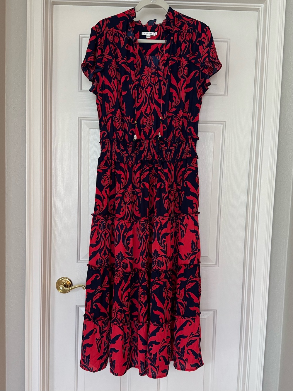Chico's Navy & Red Floral Tiered Midi Dress